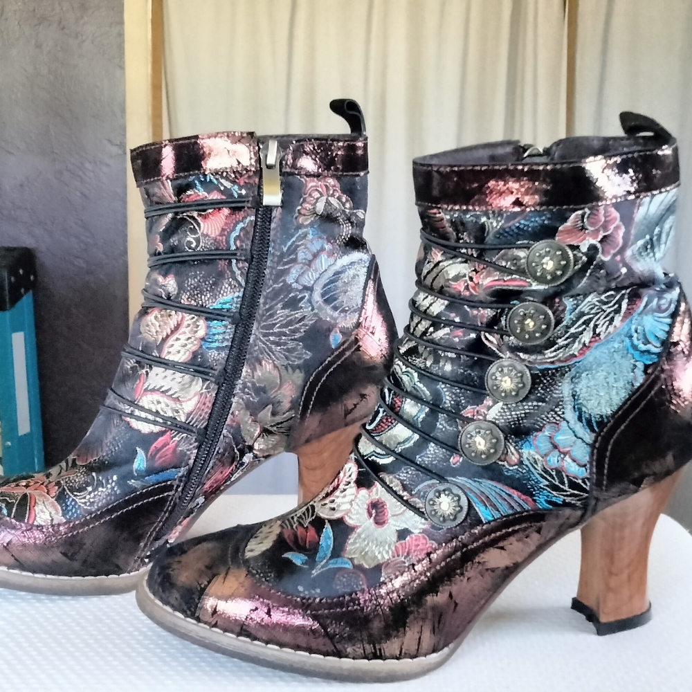 HAND MADE Booties (above ankle). Fabric outer shell, Rubber sole, Velour Lined.